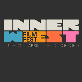 'Inner West FIlm Fest' written Bold square coloured graphic text against a black background