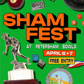 Bright orange letters the read 'Sham Fest' against a green felt background with a billiard ball and other objects scattered around