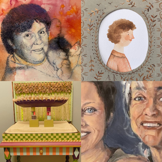 A collage of artworks with the theme of mothers across various mediums and styles