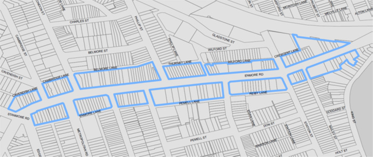 A map showing the Enmore Special Entertainment District, which covers all properties fronting Enmore Road between Stanmore and Edgeware Road at the western extent and 10 Enmore Road at the eastern extent.