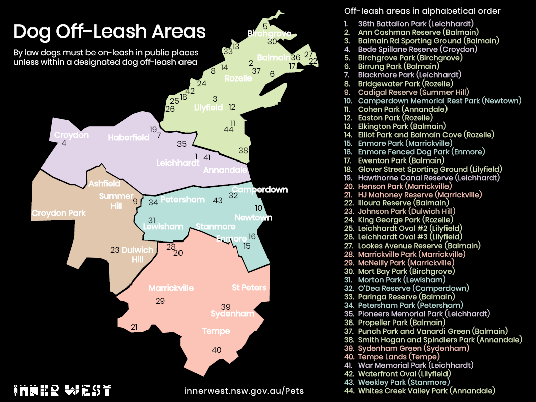 Map of dog off-leash areas in the Inner West Council area