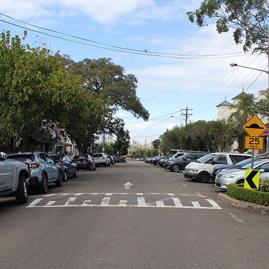 Suburban one way street with speed hump