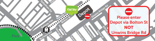 St Peters Depot entrance map depicting entry via Bolton Street
