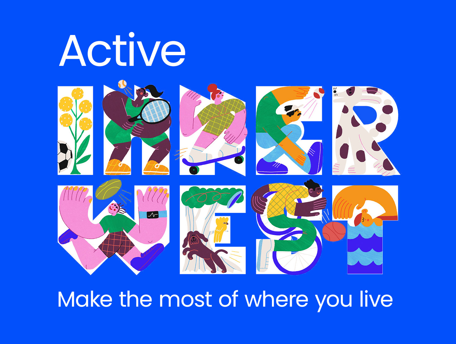 Stylised illustrations of people doing various activities which together spell the words Active Inner West
