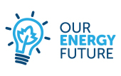 our energy future logo lightbulb in blue outline with outline of a leaf inside