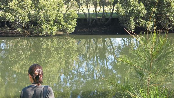 Person contemplating water in Marrickville golf course. 