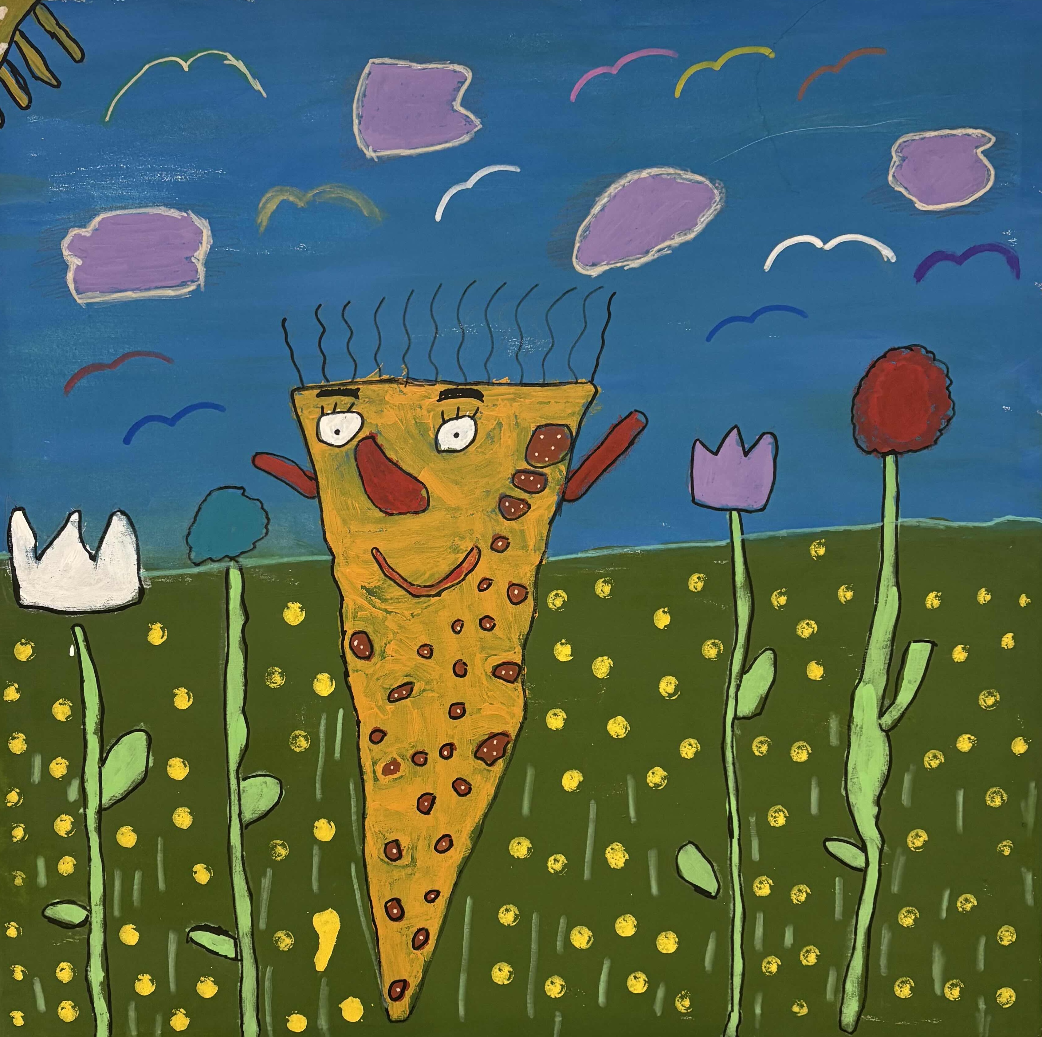 A painting of an abstract piece of pepperoni pizza with a face and squiggly hair dancing in a field of flowers