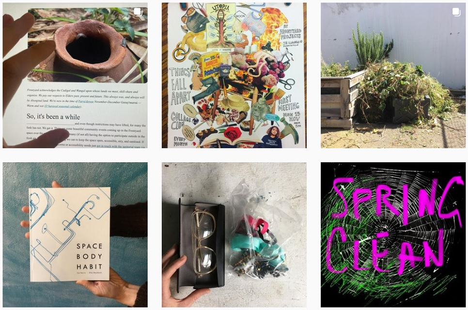 Frontyard instagram collage containg six photos of gardening, recycling, art brochure and an urn with a hand