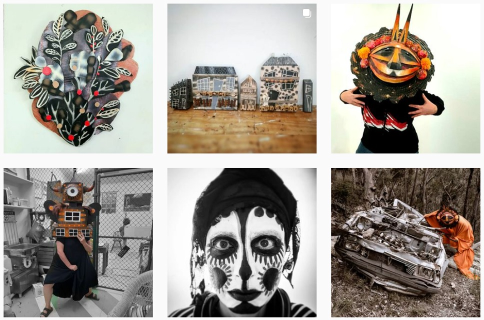 Gabrielle Bates instagram collage, 6 photos of sculptural work with botanical theme, balc and white with greens, reds, orange and black,  small sculptural houses, a person wearing a mask with an animal like feel, another person wearing a mask that looks like a house with a giant eye and horns on top, a person with black and white face paint it looks mexican day of the dead inspired, last photo a crushed abandoned car in vegetation with the orange mask worn by a person in a orange sheet like full body piece of material