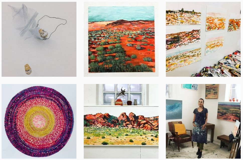 Photo of collage from Michelle Morcos instagram account, photos of colourful weaving, sculptural work, painting of red earth and grasses, and Michelle standing in her artists studio