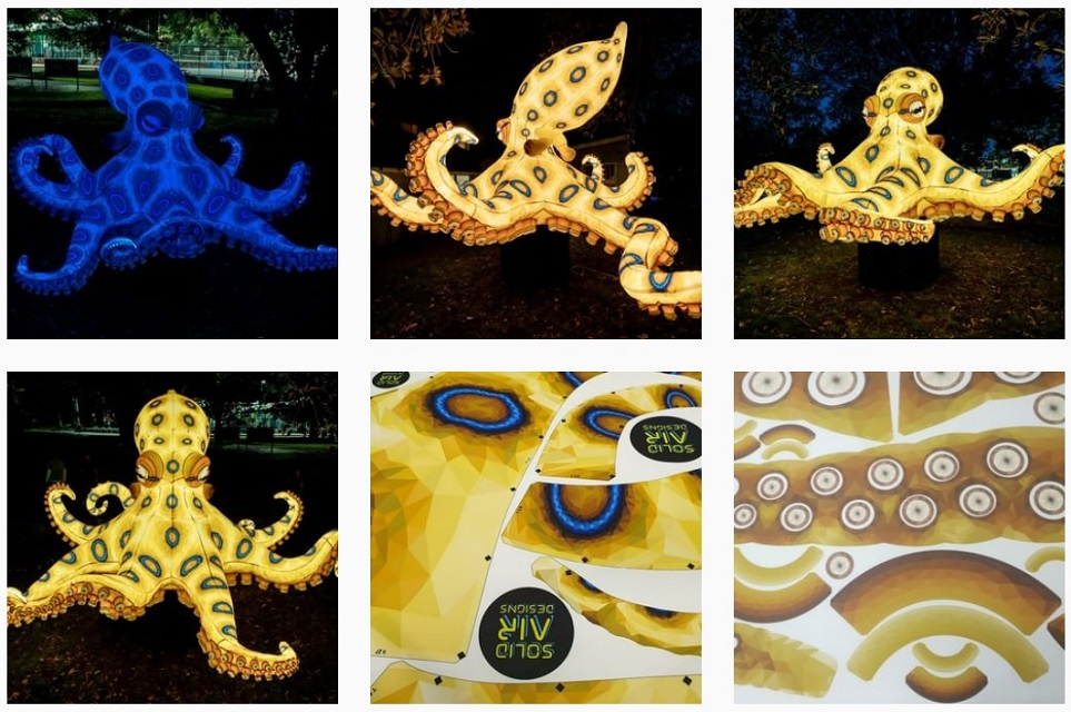 Sarah Harvie instagram collage photos of Octopus lit up at night an inflatable installation artwork photos include design work close up of tenticles