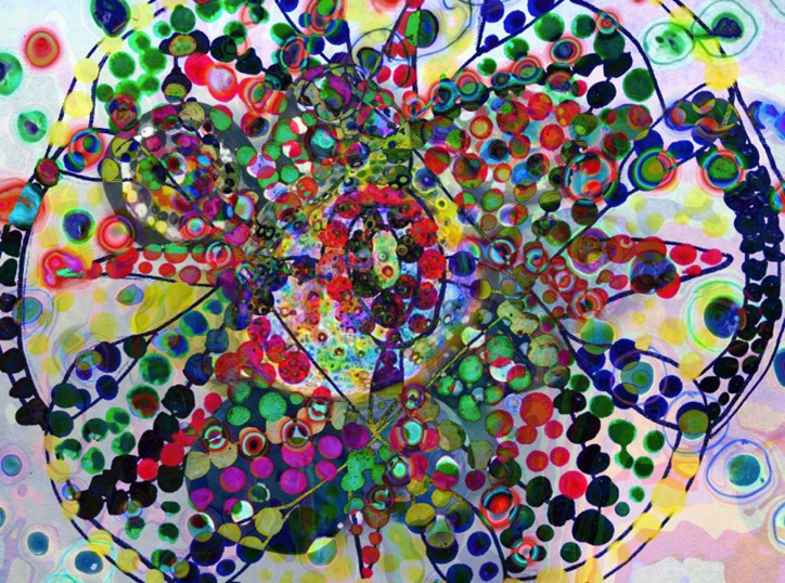 Dot Portal artwork, a starfish or flower like shape is made with many blue and pink and multicoloured dots 