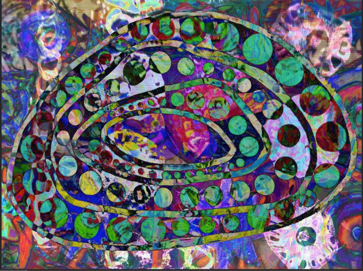 Sacred Waterhole Portal artwork featuring circular concentric lines with many dots, colours are green and multicoloured