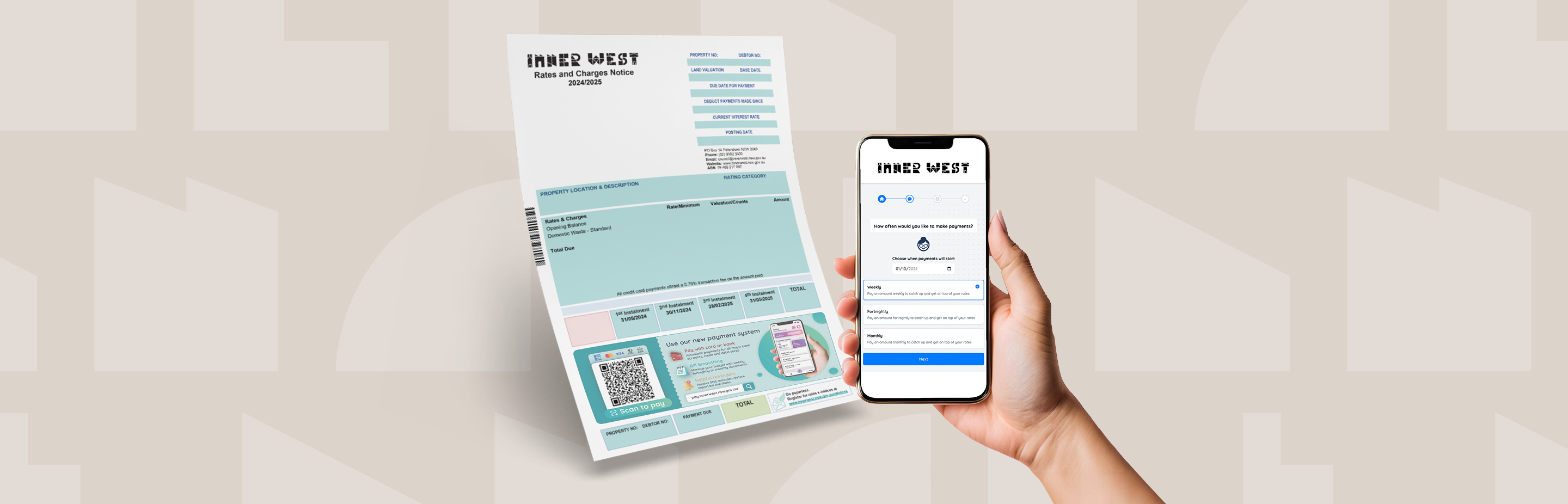 An illustration of a rates notice and a hand holding a phone open to an Inner West Council rates payment page.