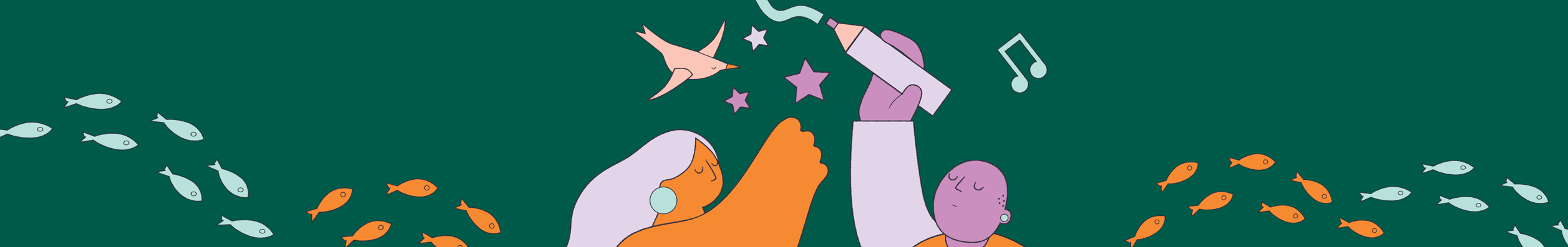 A whimsical illustration of people against a green background trying ot catch a galaxy of fish swimming above 