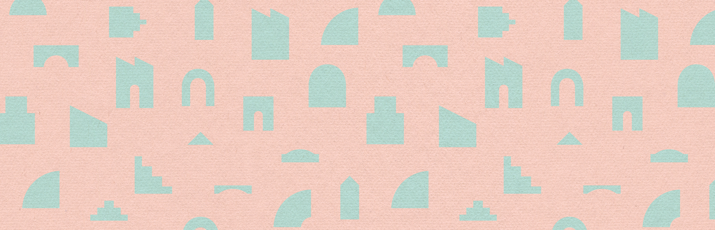 A pink textured background interspersed with sage-green shapes.