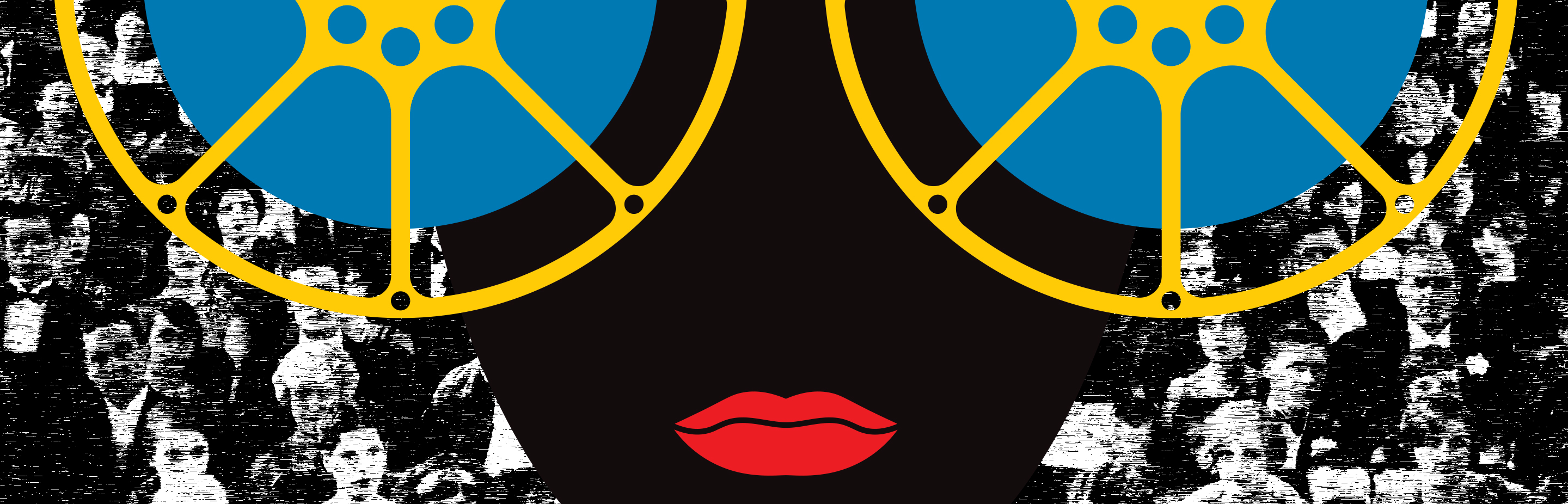 Bold colourful deisgn of a female face with red lips and two film reels for eyes. In the background is a retro black and white photograph of a festival crowd.