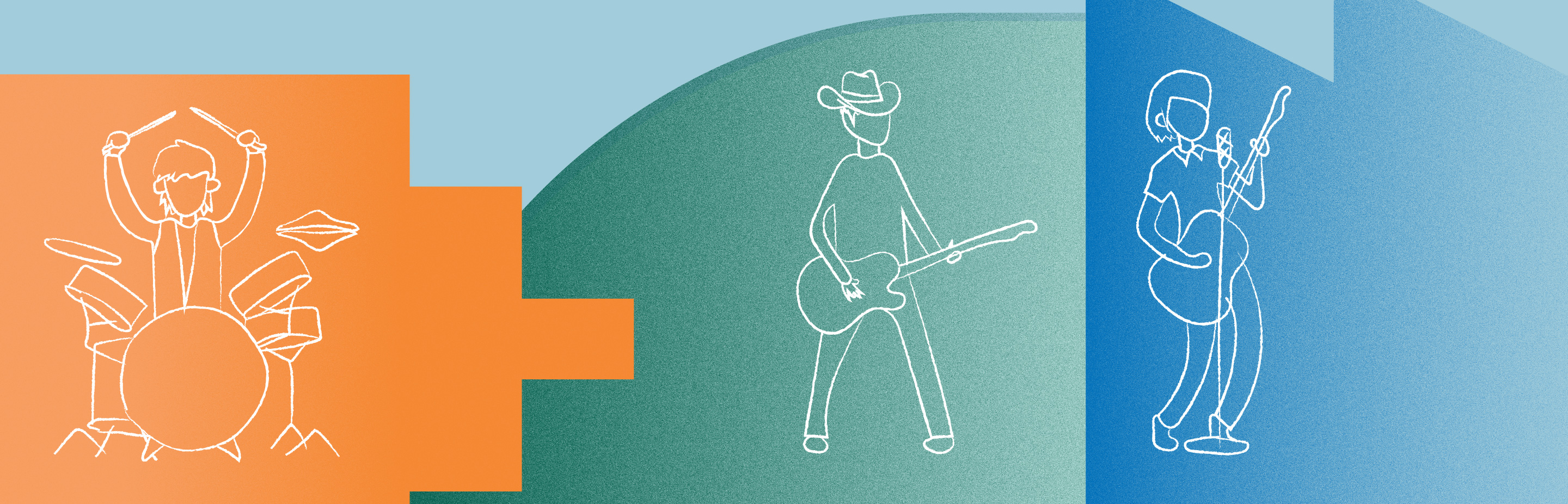 Line drawings of three musicians playing instruments: a drummer, a bass guitarist, and a guitarist.
