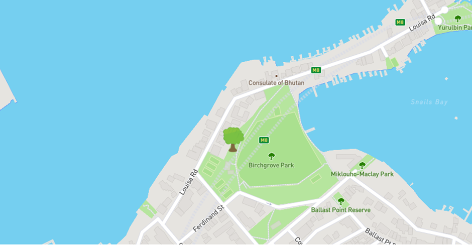 A map showing the location of National Tree Day 2025 at Birchgrove Park, Birchgrove.