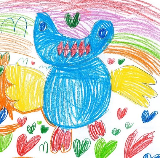 A drawing of a blue dragon type animal with a heart shaped head