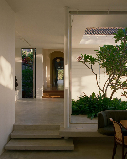 A house extension with concrete floors and white walls. A small garden and a frangipani tree is contained in a small open area to the right.