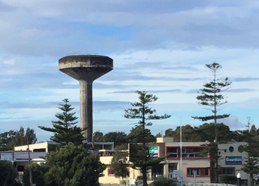 A water tower dominates over a landscape of trees and houses.