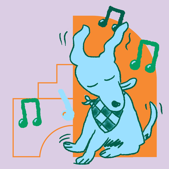 Lilac graphic tile featuring block orange building silhouettes with a green and blue dog sitting down with their tongue out and wiggling all over enjoying some music