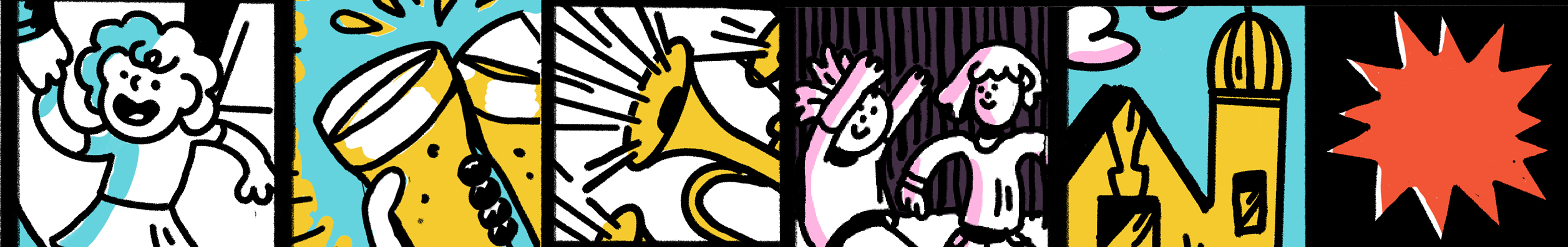 Row of colourful illustrations of people enjoying a street festival 