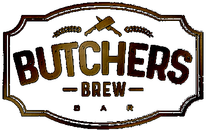 Logo for Butchers Brew Bar featuring that text plus a bounding box and small image of two butcher's knives and two leaved branches, all set in gold