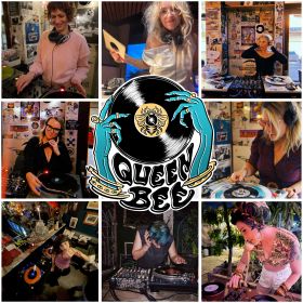 compilation of photos of Queen Bee DJ collective, with logo 