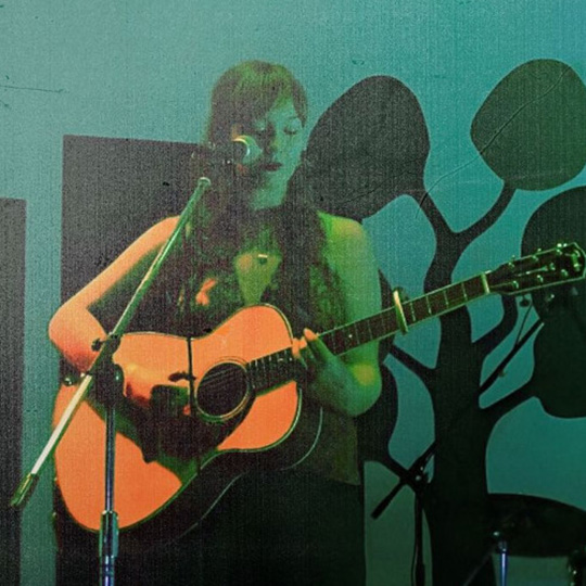 A musician playing an acoustic guitar in front of a blue and black illustrated backdrop.