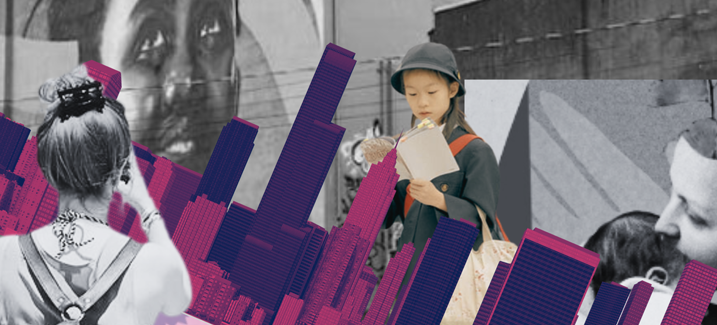 College of black photos of women and children with a purple and pink graphic of cityscape superimposed over the top