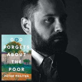Striking black and white photo of Peter Polites. His new book cover superimposed over the top of the bottom left corner.