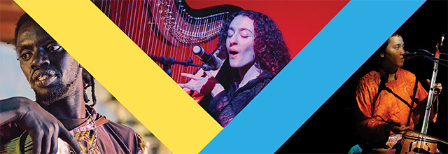 Three separate photos of artists: A person with hand-drum along with a harpist and a person playing a two-string wooden string instrument.