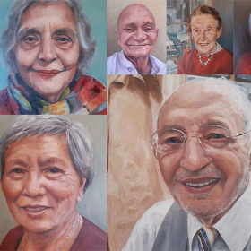 Painted portraits of smiling seniors