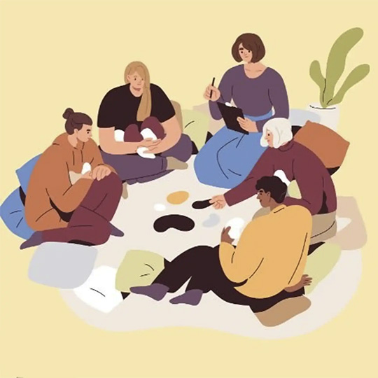 An illustration showing a small gathering of people in a comfortable setting.
