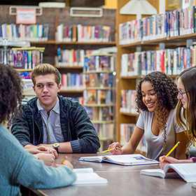 High school students discussion in library