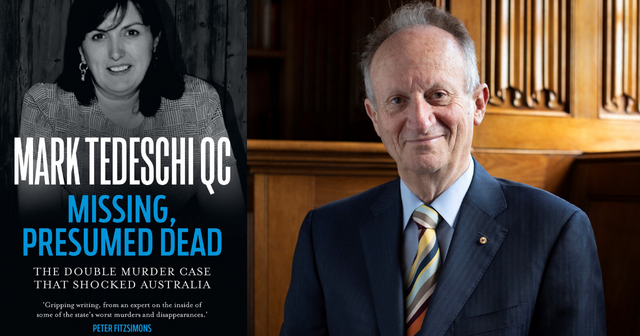 Mark Tedeschi next to a cover of his book Missing Presumed Dead