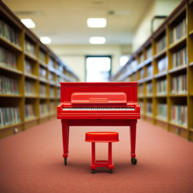Toy piano between rows of bookshelves