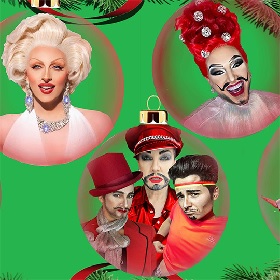 Digital illustration, a very bright lime green block colour has faces they overlay and are placed in christmas baubles, the faces are of drag performers one looks like Marilyn Monroe, the rest are dresssed in red
