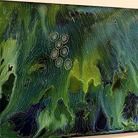 Painting featuring Green background with strokes of yellow and darker green there is a cluster of seven round like shapes painted in fine white dots  to the left bottom of the painting, on the bottom right there is another round like shape of similar format, overlaying the whole image a white very fine dots making a wave like pattern similar to the milky way perhaps