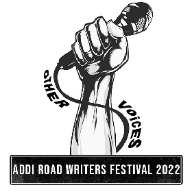 Black and white illustration of a hand clasping a microphone the words "other voices" are written down the side of the mic cord and the illustration. At the bottom of the picture are the words Addy Rd Writers Festival 2022