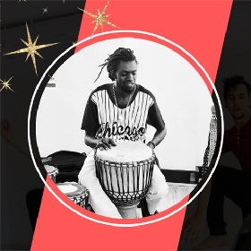 Illustration with black abd orange slatend stipes featuring gold stars, overlayed is a photo of drummer Yacou  inserted into a circle in the centre of the illustration, the photo is balc and white and Yacou sits with a drum