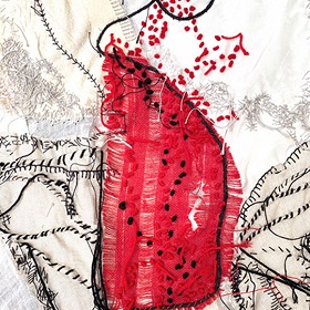 Fibre art, a red half moon shape with frayed edges sits on a white piece of material, black thread outlines the shape and there are also black threaded dots on top of the red shape. The black threaded lines also appear on the background of the white material. some red dots and alot of grey thatching also on the white background. The shapes they make are fluid lines.