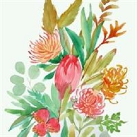 water colour floral painting pinks, greens, biege