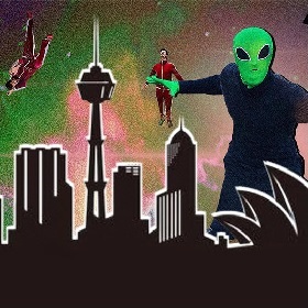 Scifi illustration and collage, a person wearing a green alien face mask holds a small man wearing a red suit, behind is a cityscape and another small red man falls head first to the ground, the background is hazzy and grainy with green, pink and brown