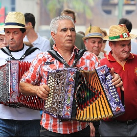 Photo of two piano accordion players playing their ornately decorated instuments, one wears a straw fedora type hat and two more people in the background are also wearing these hats, the photo looks like it has been taken from a previous Bairro festival on the busy street