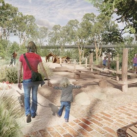 Digital artists impression of Cadigal Reserve, a child holds an adults hand as they walk on a path, the background is full of greenery and what looks like seating