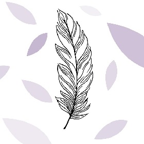 Graphic illustration of a wispy feather (black outline only) in the background there are purple tear/leaf shapes spread about the background