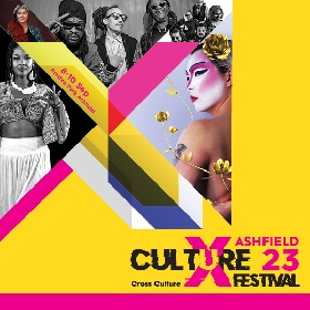 Collage of various artists with a neon pink and yello X placed over the top, Culture X Ashfield is written in stylised font in the right hand corner